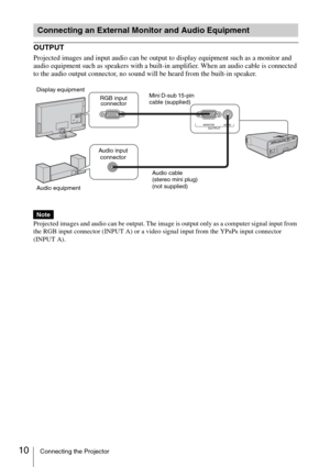 Page 1010Connecting the Projector
OUTPUT
Projected images and input audio can be output to display equipment such as a monitor and 
audio equipment such as speakers with a built-in amplifier. When an audio cable is connected 
to the audio output connector, no sound will be heard from the built-in speaker.
Projected images and audio can be output. The image is output only as a computer signal input from 
the RGB input connector (INPUT A) or a video signal input from the YPBPR input connector 
(INPUT A)....