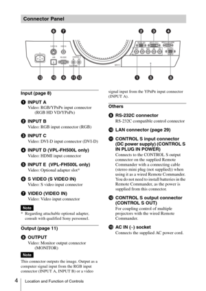 Page 44Location and Function of Controls
Input (page 8)
aINPUT A
Video: RGB/YPBPR input connector 
(RGB HD VD/YPBPR)
bINPUT B
Video: RGB input connector (RGB)
cINPUT C
Video: DVI-D input connector (DVI-D)
dINPUT D (VPL-FH500L only)
Video: HDMI input connector
eINPUT E  (VPL-FH500L only)
Video: Optional adapter slot*
fS VIDEO (S VIDEO IN)
Video: S video input connector
gVIDEO (VIDEO IN)
Video: Video input connector
* Regarding attachable optional adapter, 
consult with qualified Sony personnel.
Output (page...