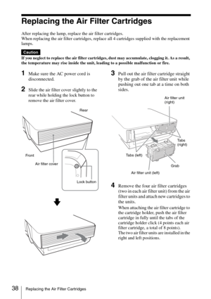 Page 3838Replacing the Air Filter Cartridges
Replacing the Air Filter Cartridges
After replacing the lamp, replace the air filter cartridges.
When replacing the air filter cartridges, replace all 4 cartridges supplied with the replacement 
lamps.
If you neglect to replace the air filter cartridges, dust may accumulate, clogging it. As a result, 
the temperature may rise inside the unit, leading to a possible malfunction or fire.
1Make sure the AC power cord is 
disconnected.
2Slide the air filter cover slightly...