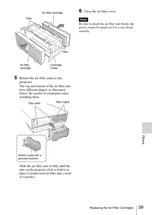 Page 3939Replacing the Air Filter Cartridges
Others
5Return the air filter units to the 
projector.
The top and bottom of the air filter unit 
have different shapes, as illustrated 
below. Be careful of orientation when 
installing them.
Slide the air filter unit in fully until the 
tabs on the projector click to hold it in 
place (2 points each air filter unit, a total 
of 4 points).
6Close the air filter cover.
Be sure to attach the air filter unit firmly; the 
power cannot be turned on if it is not closed...