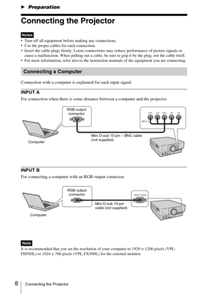 Page 88Connecting the Projector
B Preparation
Connecting the Projector
 Turn off all equipment before making any connections.
 Use the proper cables for each connection.
 Insert the cable plugs firmly; Loose connections may reduce performance of picture signals or 
cause a malfunction. When pulling out a cable, be sure to grip it by the plug, not the cable itself.
 For more information, refer also to the instruction manuals of the equipment you are connecting.
Connection with a computer is explained for each...