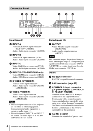 Page 44Location and Function of Controls
Input (page 8)
aINPUT A
Video: RGB/YPBPR input connector 
(RGB HD VD/YPBPR)
Audio: Audio input connector (AUDIO)
bINPUT B
Video: RGB input connector (RGB)
Audio: Audio input connector (AUDIO)
cINPUT C
Video: DVI-D input connector (DVI-D)
Audio: Audio input connector (AUDIO)
dINPUT D (VPL-FH35/FH30 only)
Video: HDMI input connector (HDMI)
Audio: HDMI input connector (HDMI)
eS VIDEO (S VIDEO IN)
Video: S video input connector
Audio: Audio input connector (AUDIO 
L...