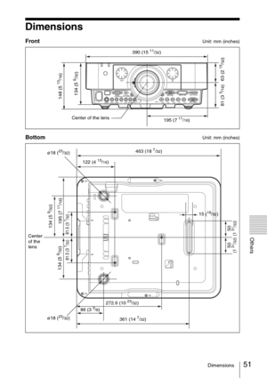 Page 5151Dimensions
Others
Dimensions
FrontUnit: mm (inches)
BottomUnit: mm (inches)
195 (7 11/16) 390 (15 
11/32)
134 (5 
9/32)
81 (3 
3/16) 148 (5 13/16)
Center of the lens
63 (2 
15/32)
195 (7 
11/16)
361 (14 7/32) 122 (4 
13/16)463 (18 
7/32)
134 (5 
9/32)134 (5 
9/32)
86 (3 3/8)15 (
19/32)
50 (131/32)
50 (131/32)
81.5 (3 
7/32) 81.5 (3 
7/32)
ø18 (23/32) ø18 (
23/32)
Center 
of the 
lens
272.6 (10 
23/32) 