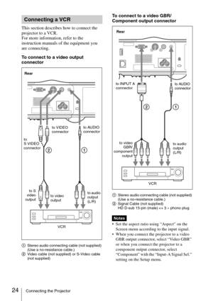 Page 2424Connecting the Projector
This section describes how to connect the 
projector to a VCR. 
For more information, refer to the 
instruction manuals of the equipment you 
are connecting. 
To connect to a video output 
connector
AStereo audio connecting cable (not supplied) 
(Use a no-resistance cable.)
BVideo cable (not supplied) or S-Video cable 
(not supplied)
To connect to a video GBR/
Component output connector
AStereo audio connecting cable (not supplied) 
(Use a no-resistance cable.)
BSignal Cable...