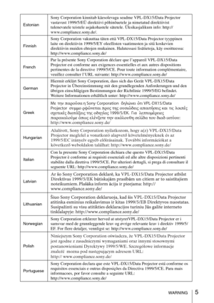 Page 55WARNING Estonian
Sony Corporation kinnitab käesolevaga seadme VPL-DX15/Data Projector  
vastavust 1999/5/EÜ direktiivi põhinõuetele ja nimetatud direktiivist 
tulenevatele teistele asjakohastele sätetele. Üksikasjalikum info: http://
www.compliance.sony.de/.
Finnish
Sony Corporation vakuuttaa täten että VPL-DX15/Data Projector tyyppinen 
laite on direktiivin 1999/5/EY oleellisten vaatimusten ja sitä koskevien 
direktiivin muiden ehtojen mukainen. Halutessasi lisätietoja, käy osoitteessa:...