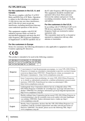 Page 44WARNING
For VPL-DX15 only
For the customers in the U.S. A. and 
Canada
This device complies with Part 15 of FCC 
Rules and RSS-Gen of IC Rules. Operation 
is subject to the following two conditions: 
(1) this device may not cause interference, 
and (2) this device must accept any 
interference, including interference that may 
cause undesired operation of this device.
This equipment complies with FCC/IC 
radiation exposure limits set forth for 
uncontrolled equipment and meets the FCC 
radio frequency...