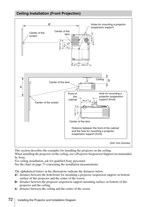 Page 7272Installing the Projector and Installation Diagram
This section describes the examples for installing the projector on the ceiling.
When installing the projector on the ceiling, use a Projector Suspension Support recommended 
by Sony.
For ceiling installation, ask for qualified Sony personnel.
See the chart on page 73 concerning the installation measurements.
The alphabetical letters in the illustrations indicate the distances below.
a’:distance between the hole(front) for mounting a projector...