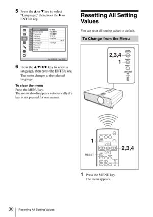 Page 3030Resetting All Setting Values
5Press the v or V key to select 
“Language,” then press the 
B or 
ENTER key.
6Press the v/V/b/B key to select a 
language, then press the ENTER key.
The menu changes to the selected 
language.
To clear the menu
Press the MENU key.
The menu also disappears automatically if a 
key is not pressed for one minute.
Resetting All Setting 
Va l u e s
You can reset all setting values to default.
1Press the MENU key.
The menu appears.
To Change from the Menu
LAMP/COVER...