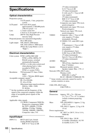 Page 6666Specifications
Specifications
Optical characteristics
Projection system
3 LCD panels, 1 lens, projection 
system
LCD panel 0.63-inch XGA panel, 
approximately 2,360,000 pixels 
(786,432 pixels × 3)
Lens 1.2 times zoom lens
f 18.63 to 22.36 mm/F1.65 to 1.8
Lamp 200 W Ultra High Pressure 
mercury lamp
Projected picture size (measured diagonally)
40 to 300 inches
Light output VPL-DX10: 2500 lumen
VPL-DX11/DX15: 3000 lumen
(When the Lamp Mode is set to 
“High.”)
Electrical characteristics
Color system...