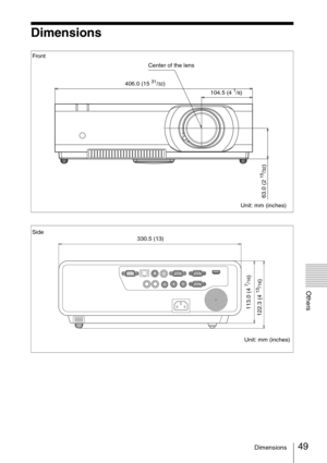 Page 4949Dimensions
Others
Dimensions
406.0 (15 31/32) Center of the lens Front
Unit: mm (inches) 104.5 (4 1/8)
63.0 (2 
15/32)
Side
Unit: mm (inches) 330.5 (13)
113.0 (4 
7/16)
122.3 (4 
13/16) 