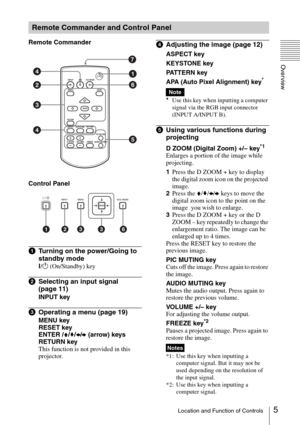 Page 55Location and Function of Controls
Overview
Remote Commander
Control Panel
aTurning on the power/Going to 
standby mode
?/1 (On/Standby) key
bSelecting an input signal 
(page 11)
INPUT key
cOperating a menu (page 19)
MENU key
RESET key
ENTER /V/v/B/b (arrow) keys
RETURN key
This function is not provided in this 
projector.
dAdjusting the image (page 12)
ASPECT key
KEYSTONE key
PATTERN key
APA (Auto Pixel Alignment) key
*
*Use this key when inputting a computer 
signal via the RGB input connector 
(INPUT...