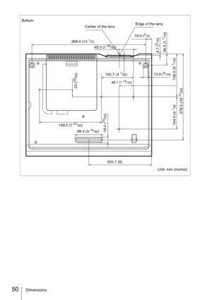 Page 5050Dimensions
Unit: mm (inches) Bottom
Center of the lensEdge of the lens
368.0 (14 
1/2)19.0 (
3/4)
45.3 (1 
25/32)4.7 (
3/16)
104.5 (4 
1/8) 138.5 (5 
7/16)
278.5 (10 
31/32)
46.1 (1 13/16)
13.9 (9/16)
102.7 (4 1/32)
18.4 (
23/32)
88.4 (3 15/32)
36.5 (1 
7/16)
203.1 (8) 199.5 (7 
27/32)
23 (
29/32) 