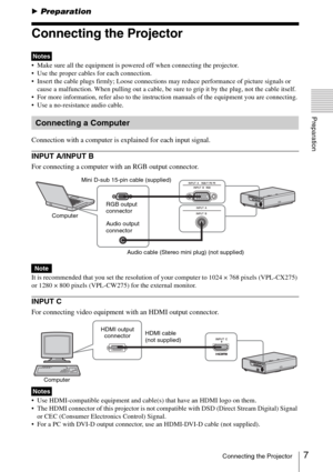 Page 77Connecting the Projector
Preparation
BPreparation
Connecting the Projector
 Make sure all the equipment is powered off when connecting the projector.
 Use the proper cables for each connection.
 Insert the cable plugs firmly; Loose connections may reduce performance of picture signals or 
cause a malfunction. When pulling out a cable, be sure to grip it by the plug, not the cable itself.
 For more information, refer also to the instruction manuals of the equipment you are connecting.
 Use a...