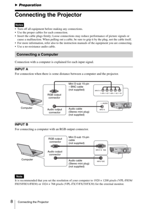 Page 88Connecting the Projector
BPreparation
Connecting the Projector
 Turn off all equipment before making any connections.
 Use the proper cables for each connection.
 Insert the cable plugs firmly; Loose connections may reduce performance of picture signals or 
cause a malfunction. When pulling out a cable, be sure to grip it by the plug, not the cable itself.
 For more information, refer also to the instruction manuals of the equipment you are connecting.
 Use a no-resistance audio cable.
Connection with a...