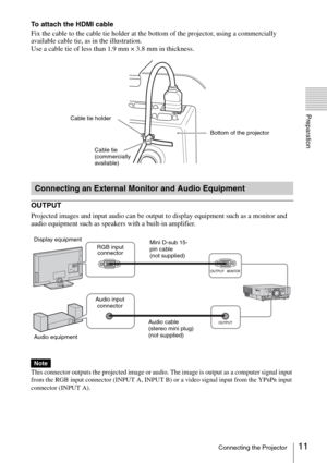 Page 1111Connecting the Projector
Preparation
To attach the HDMI cable
Fix the cable to the cable tie holder at the bottom of the projector, using a commercially 
available cable tie, as in the illustration.
Use a cable tie of less than 1.9 mm × 3.8 mm in thickness.
OUTPUT
Projected images and input audio can be output to display equipment such as a monitor and 
audio equipment such as speakers with a built-in amplifier.
This connector outputs the projected image or audio. The image is output as a computer...