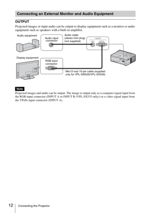 Page 1212Connecting the Projector
OUTPUT
Projected images or input audio can be output to display equipment such as a monitor or audio 
equipment such as speakers with a built-in amplifier.
Projected images and audio can be output. The image is output only as a computer signal input from 
the RGB input connector (INPUT A or INPUT B (VPL-SX535 only)) or a video signal input from 
the YP
BPR input connector (INPUT A).
Connecting an External Monitor and Audio Equipment
Note
Audio cable 
(stereo mini plug) 
(not...