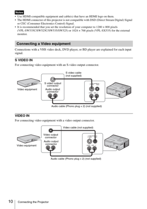 Page 1010Connecting the Projector
 Use HDMI-compatible equipment and cable(s) that have an HDMI logo on them.
 The HDMI connector of this projector is not compatible with DSD (Direct Stream Digital) Signal 
or CEC (Consumer Electronics Control) Signal.
 It is recommended that you set the resolution of your computer to 1280 × 800 pixels 
(VPL-SW535C/SW525C/SW535/SW525) or 1024 × 768 pixels (VPL-SX535) for the external 
monitor.
Connections with a VHS video deck, DVD player, or BD player are explained for each...