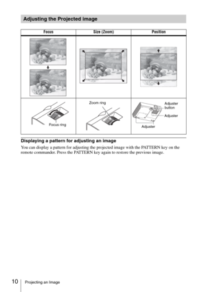 Page 1010Projecting an Image
Displaying a pattern for adjusting an image
You can display a pattern for adjusting the projected image with the PATTERN key on the 
remote commander. Press the PATTERN key again to restore the previous image.
Adjusting the Projected image
Focus Size (Zoom) Position
Focus ring
Zoom ring
AdjusterAdjuster 
button
Adjuster 