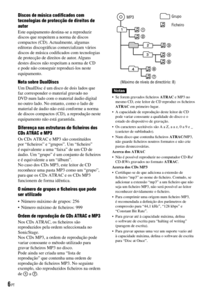 Page 82
Discos de música codiﬁcados com tecnologias de protecção de direitos de autor
Este equipamento destina-se a reproduzir discos que respeitem a norma de discos compactos (CD). Actualmente, algumas editoras discográﬁcas comercializam vários discos de música codiﬁcados com tecnologias de protecção de direitos de autor. Alguns destes discos não respeitam a norma de CD e pode não conseguir reproduzi-los neste equipamento.
Nota sobre DualDiscs
Um DualDisc é um disco de dois lados que faz corresponder o...