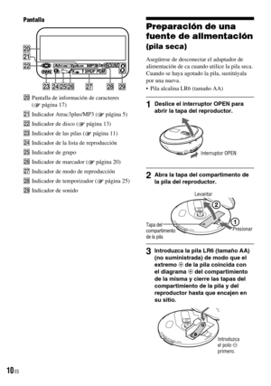 Page 10
Preparación de una 
fuente de alimentación 
(pila seca)
Asegúrese de desconectar el adaptador de alimentación de ca cuando utilice la pila seca. Cuando se haya agotado la pila, sustitúyala por una nueva.
•  Pila alcalina LR6 (tamaño AA)
1  Deslice el interruptor OPEN para abrir la tapa del reproductor.
Interruptor OPEN
2  Abra la tapa del compartimento de la pila del reproductor.
Tapa del 
compartimento 
de la pila
Levantar
Presionar
3  Introduzca la pila LR6 (tamaño AA) (no suministrada) de modo que el...