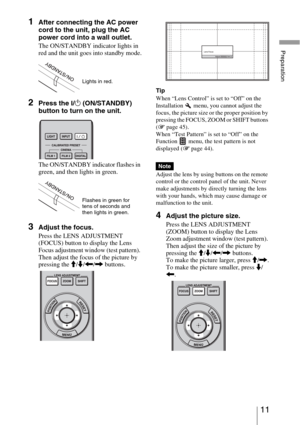 Page 1111 
Preparation
1After connecting the AC power 
cord to the unit, plug the AC 
power cord into a wall outlet.
The ON/STANDBY indicator lights in 
red and the unit goes into standby mode.
2Press the ?/1 (ON/STANDBY) 
button to turn on the unit. 
The ON/STANDBY indicator flashes in 
green, and then lights in green.
3Adjust the focus.
Press the LENS ADJUSTMENT 
(FOCUS) button to display the Lens 
Focus adjustment window (test pattern). 
Then adjust the focus of the picture by 
pressing the M/m/