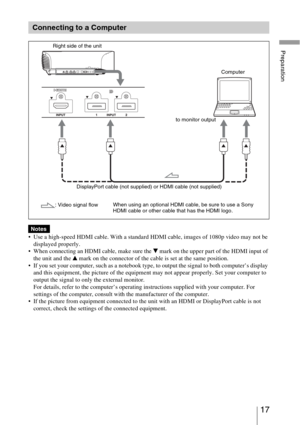 Page 1717 
Preparation
 
 Use a high-speed HDMI cable. With a standard HDMI cable, images of 1080p video may not be 
displayed properly.
 When connecting an HDMI cable, make sure the 
V mark on the upper part of the HDMI input of 
the unit and the 
v mark on the connector of the cable is set at the same position.
 If you set your computer, such as a notebook type, to output the signal to both computer’s display 
and this equipment, the picture of the equipment may not appear properly. Set your computer to...