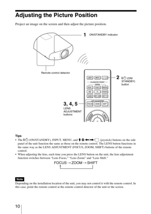 Page 10 10
Adjusting the Picture Position
Project an image on the screen and then adjust the picture position.
Tips

?/1 (ON/STANDBY), INPUT, MENU, and M/m/