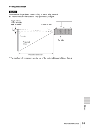 Page 6565Projection Distance
Others
Ceiling Installation
Never mount the projector on the ceiling or move it by yourself. 
Be sure to consult with qualified Sony personnel (charged).
* The number will be minus when the top of the projected image is higher than A.
Caution
Center of lens Height H from 
center of lens to 
edge of screen
Projection distance L Projected 
imageA
Top side 