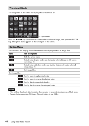 Page 4040Using USB Media Viewer
Press the V/v/B/b key on the remote commander to select an image, then press the ENTER 
key. The option menu appears in the lower part of the screen.
You can select the display order of thumbnails and display method of image files.
 Files without thumbnail data (including those created by an application) appear as blank icons.
 Cannot display more than 200 image files and folders in one folder.
Thumbnail Mode
The image files in the folder are displayed as a thumbnail list.
Option...