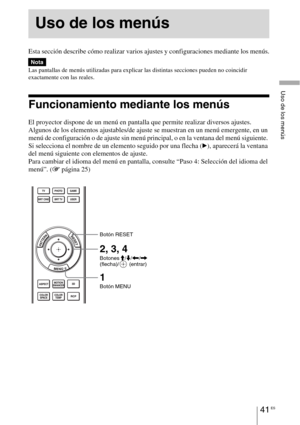 Page 22341 ES
Uso de los menús
 
Esta sección describe cómo realizar varios ajustes y configuraciones mediante los menús.
Las pantallas de menús utilizadas para explicar las distintas secciones pueden no coincidir 
exactamente con las reales.
Funcionamiento mediante los menús
El proyector dispone de un menú en pantalla que permite realizar diversos ajustes. 
Algunos de los elementos ajustables/de ajuste se muestran en un menú emergente, en un 
menú de configuración o de ajuste sin menú principal, o en la ventana...