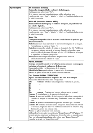 Page 230ES 48
Ajuste experto NR (Reducción de ruido)
Reduce las irregularidades o el ruido de la imagen.
Habitualmente, seleccione “No”.
Si la imagen presenta irregularidades o ruido, seleccione una 
configuración entre “Bajo”, “Medio” o “Alto” en función de la fuente de 
la señal de entrada.
MPEG NR (Reducción de ruido MPEG)
Reduce el ruido de bloque y el ruido de mosquito, en particular en 
las señales digitales.
Habitualmente, seleccione “No”.
Si la imagen presenta irregularidades o ruido, seleccione una...