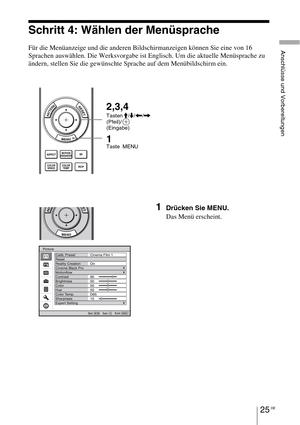 Page 29925 DE
Anschlüsse und Vorbereitungen
Schritt 4: Wählen der Menüsprache
Für die Menüanzeige und die anderen Bildschirmanzeigen können Sie eine von 16 
Sprachen auswählen. Die Werksvorgabe ist Englisch. Um die aktuelle Menüsprache zu 
ändern, stellen Sie die gewünschte Sprache auf dem Menübildschirm ein.
1Drücken Sie MENU.
Das Menü erscheint.
1 Taste MENU
2,3,4
Tasten M/m/