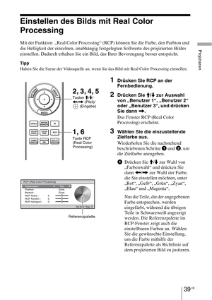 Page 31339 DE
Projizieren
Einstellen des Bilds mit Real Color 
Processing
Mit der Funktion  „Real Color Processing“ (RCP) können Sie die Farbe, den Farbton und 
die Helligkeit der einzelnen, unabhängig festgelegten Sollwerte des projizierten Bildes 
einstellen. Dadurch erhalten Sie ein Bild, das Ihrer Bevorzugung besser entspricht.
Tipp
Halten Sie die Szene der Videoquelle an, wenn Sie das Bild mit Real Color Processing einstellen.
1Drücken Sie RCP an der 
Fernbedienung.
2Drücken Sie M/m zur Auswahl 
von...