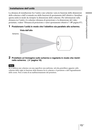 Page 38115 IT
Collegamenti e preparazioniLa distanza di installazione fra l’unità e uno schermo varia in funzione delle dimensioni 
dello schermo o dall’eventuale uso delle funzioni di spostamento dell’obiettivo. Installare 
questa unità in modo da riempire la dimensione dello schermo. Per informazioni sulla 
distanza tra l’unità e lo schermo (distanza di proiezione) e la dimensione del video 
proiettato, vedere “Distanza di proiezione e valori spostamento obiettivo” (1 pagina 87).
1Posizionare l’unità in modo...