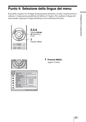 Page 39125 IT
Collegamenti e preparazioni
Punto 4: Selezione della lingua del menu
È possibile scegliere fra 16 lingue di presentazione del menu e di altre visualizzazioni su 
schermo. L’impostazione predefinita di fabbrica è l’inglese. Per cambiare la lingua del 
menu attuale, impostare la lingua desiderata con la schermata del menu.
1Premere MENU.
Appare il menu.
1 Pulsante MENU
2,3,4
Pulsanti M/m/