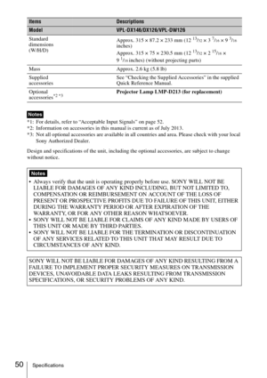 Page 5050Specifications
*1: For details, refer to “Acceptable Input Signals” on page 52.
*2: Information on accessories in this manual is current as of July 2013.
*3: Not all optional accessories are available in all countries and area. Please check with your local 
Sony Authorized Dealer.
Design and specifications of the unit, including the optional accessories, are subject to change 
without notice.Standard 
dimensions
(W/H/D)Approx. 315 × 87.2 × 233 mm (12 
13/32 × 3 7/16 × 9 3/16 
inches)
Approx. 315 × 75 ×...