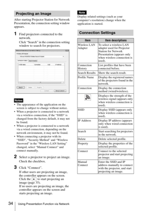 Page 3434Using Presentation Function via Network
After starting Projector Station for Network 
Presentation, the connection setting window 
appears. 
1Find projectors connected to the 
network.
Click “Search” in the connection setting 
window to search for projectors.
 The appearance of the application on the 
screen is subject to change without notice.
 When a projector is connected to a network 
via a wireless connection, if the “SSID” is 
changed from the factory default, it may not 
be found.
 When a...