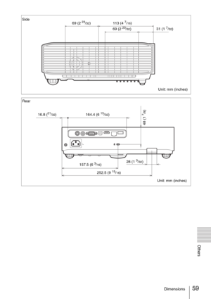 Page 5959Dimensions
Others
Side
Unit: mm (inches) 69 (2 23/32)113 (4 7/16)
69 (2 23/32)31 (1 7/32)
Rear
Unit: mm (inches)
48 (1 
7/8)
252.5 (9 15/16) 16.8 (
21/32) 164.4 (6 15/32)
157.5 (6 
3/16)28 (1 3/32) 