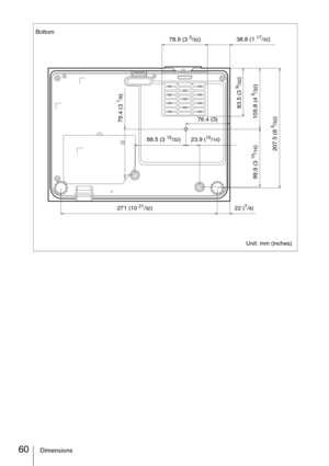 Page 60
60Dimensions
BottomUnit: mm (inches)
78.9 (3 3/32)
38.8 (1 17/32)
207.5 (8 
5/32)
99.9 (3 
15/16) 105.8 (4 
5/32)
83.5 (3 9/32)
79.4 (3 
1/8)
76.4 (3)
88.5 (3 
15/32) 23.9 (15/16)
271 (10 
21/32)22 (7/8) 