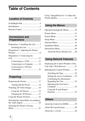 Page 2 2
Table of Contents
Front/Right Side ................................. 4
Rear/Bottom ....................................... 5
Remote Control  .................................. 6
Preparation 1: Installing the Unit  ....... 7
Installing the Unit  ......................... 7
Preparation 2: Adjusting the Picture 
Position .............................................. 8
Preparation 3: Connecting the 
Unit .................................................. 13
Connecting to a VCR  ................. 13...
