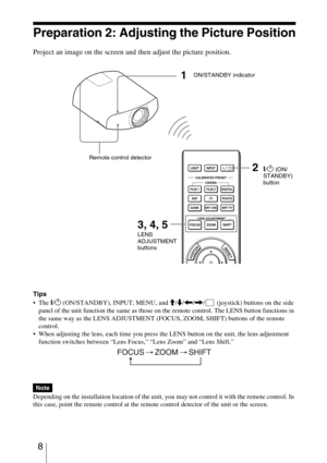 Page 8 8
Preparation 2: Adjusting the Picture Position
Project an image on the screen and then adjust the picture position.
Tips

?/1 (ON/STANDBY), INPUT, MENU, and M/m/