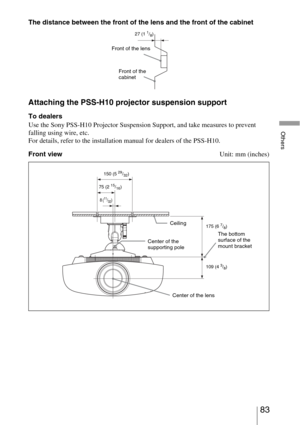 Page 8383 
Others
The distance between the front of the lens and the front of the cabinet
Attaching the PSS-H10 projector suspension support
To dealers
Use the Sony PSS-H10 Projector Suspension Support, and take measures to prevent 
falling using wire, etc.
For details, refer to the installation manual for dealers of the PSS-H10.
Front viewUnit: mm (inches)
Front of the lens
27 (11/8)
Front of the 
cabinet
Ceiling
The bottom 
surface of the 
mount bracket Center of the 
supporting pole
Center of the lens
150...