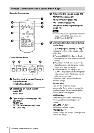 Page 66Location and Function of Controls
Remote Commander
Control Panel Keys
aTurning on the power/Going to 
standby mode
?/1 (On/Standby) key
bSelecting an input signal 
(page 13)
INPUT key
cOperating a menu (page 18)
MENU key
RESET key
ENTER /V/v/B/b (arrow) keys
RETURN key
dAdjusting the image (page 14)
ASPECT key (page 20)
KEYSTONE key (page 16)
PATTERN key (page 16)
APA (Auto Pixel Alignment) key
* 
(page 16)
*
Use this key when inputting a computer 
signal via the RGB input connector 
(INPUT A or INPUT...