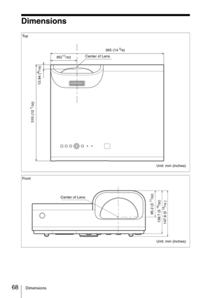 Page 6868Dimensions
Dimensions
To p
Unit: mm (inches)
310 (12 
7/32)
365 (14 3/8)
Center of Lens
85(
11/32)
13.94 (
9/16)
Front
Unit: mm (inches)
147.8 (5 
13/16 ) 138.7 (5 
15/32) 85.2 (3 11/32)Center of Lens 