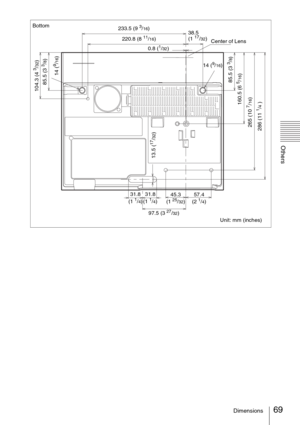 Page 6969Dimensions
Others
Bottom
Unit: mm (inches) 233.5 (9 3/16)
38.5 
(1 
17/32)
286 (11 
1/4 ) 265 (10 7/16) 160.5 (6 
5/16) 85.5 (3 
3/8)
31.8 
(1 1/4)
97.5 (3 
27/32)
85.5 (3 
3/8)
31.8 
(1 1/4)57.4 
(2 1/4) 45.3 
(1 25/32)
13.5 (
17/32)
Center of Lens
14 (
9/16)
104.3 (4 
3/32)
220.8 (8 11/16)
0.8 (
1/32)
14 (
9/16) 