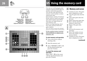 Page 2626
Memory card 1
Memory card
(carte mémoire) 1
Memory card
(tarjeta de memoria) 1Memory card 2
Memory card
(carte mémoire) 2
Memory card
(tarjeta de memoria) 2
A
US
You can save and load game data
using the optional SCPH-1020 UHI
memory card (sold separately).
You can also copy data from one
memory card to another or delete
unnecessary data.
Each memory card has 15 memory
blocks, and you cannot save game
data which requires more blocks
than there are empty blocks on
your memory card.
Before you begin...