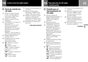 Page 3333FRESLecture d’un CD audio (suite) Reproducción de CD audio
(continuación)
AÉcran de contrôle des
CD audio
1Afficher le temps de lecture
écoulé ou restant. Appuyez
sur la touche “TIME” pour
commuter l’affichage.
2Afficher le mode de lecture
sélectionné.
3“CONTINUE”: Lire toutes les
pistes du disque.
“SHUFFLE”: Lire les pistes
dans un ordre aléatoire.
“PROGRAM”: Lire des pistes
déterminées dans un ordre
spécifique.
“REPEAT”: Lire une piste ou
toutes les pistes plusieurs fois.
4Changer l’affichage de la...