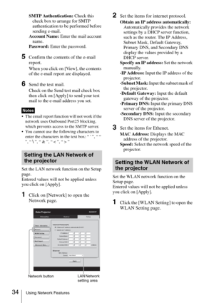 Page 3434Using Network Features
SMTP Authentication: Check this 
check box to arrange for SMTP 
authentication to be performed before 
sending e-mail.
Account Name: Enter the mail account 
name.
Password: Enter the password.
5Confirm the contents of the e-mail 
report.
When you click on [View], the contents 
of the e-mail report are displayed.
6Send the test mail.
Check on the Send test mail check box 
then click on [Apply] to send your test 
mail to the e-mail address you set.
 The email report function will...