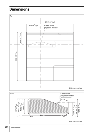 Page 6868Dimensions
Dimensions
To p
Unit: mm (inches)
382 (15 
1/32)
372 (14 21/32)
Center of the 
projection window
93.8 (3 
11/16)
109 (4 9/32)
Front
Unit: mm (inches) Center of the 
projection window
167 (6 
9/16)
157.3 (6 3/16)
153 (6 
1/32)
138 (5 7/16)
164.6 (6 
15/32) 131.6(5 
3/16) 121.9 (4 
13/16) 