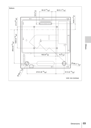 Page 6969Dimensions
Others
Bottom
Unit: mm (inches) 93 (3 21/32)
21.5 (
27/32)
30.5 (1 3/16)
12.5 (
1/2)
44.8 (1 
3/4) 138.6 (5 
15/32) 253.2 (9 
31/32)
162 (6 3/8)8 (5/16)
215.5 (8 
15/32) 61.5 (2 13/32)
Ø
 2
6 
(1 
1/3
2)
Ø 26 (
1 1/3
2) 